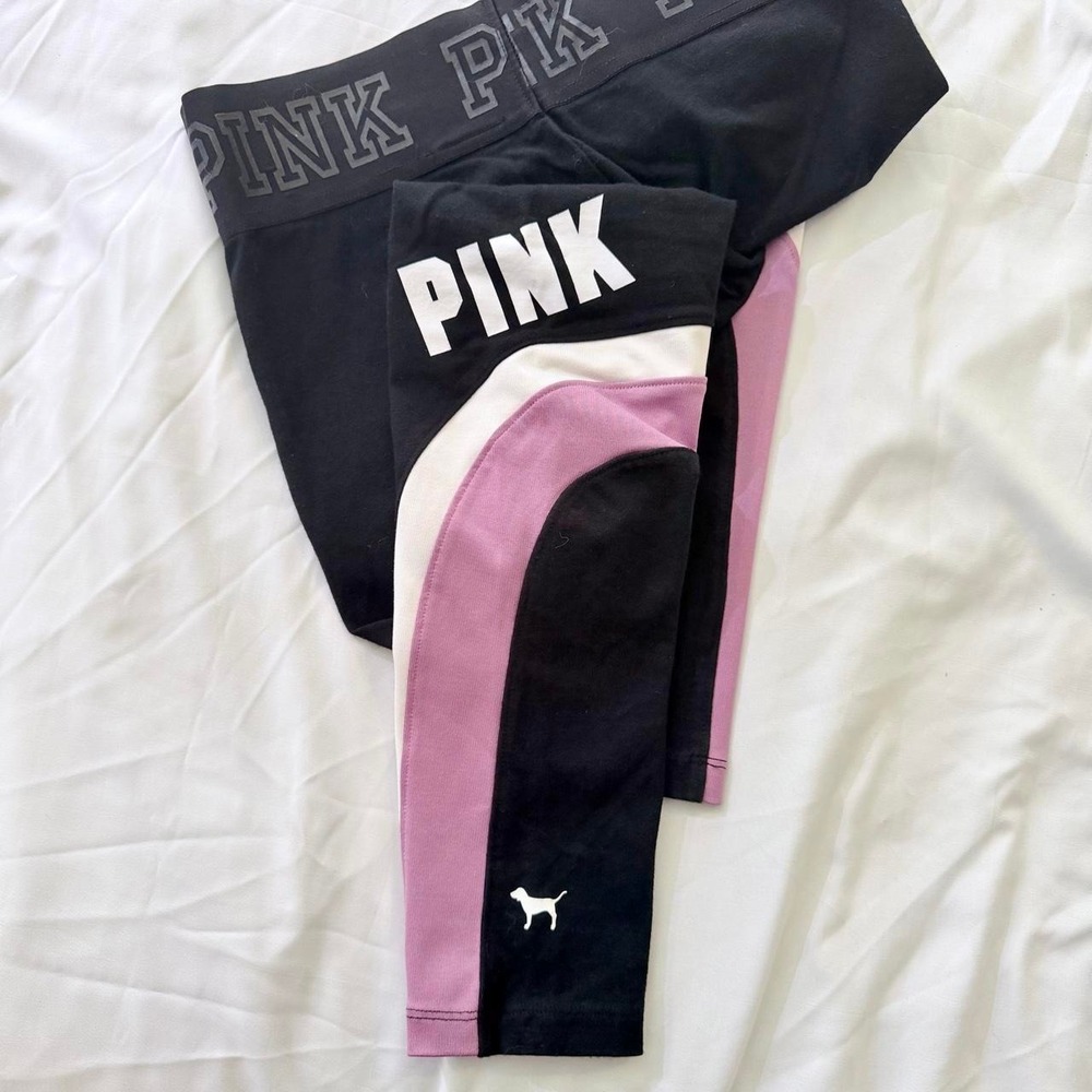 Victorias Secret PINK Leggings Black Pink White Colorblock Logo High Rise Small